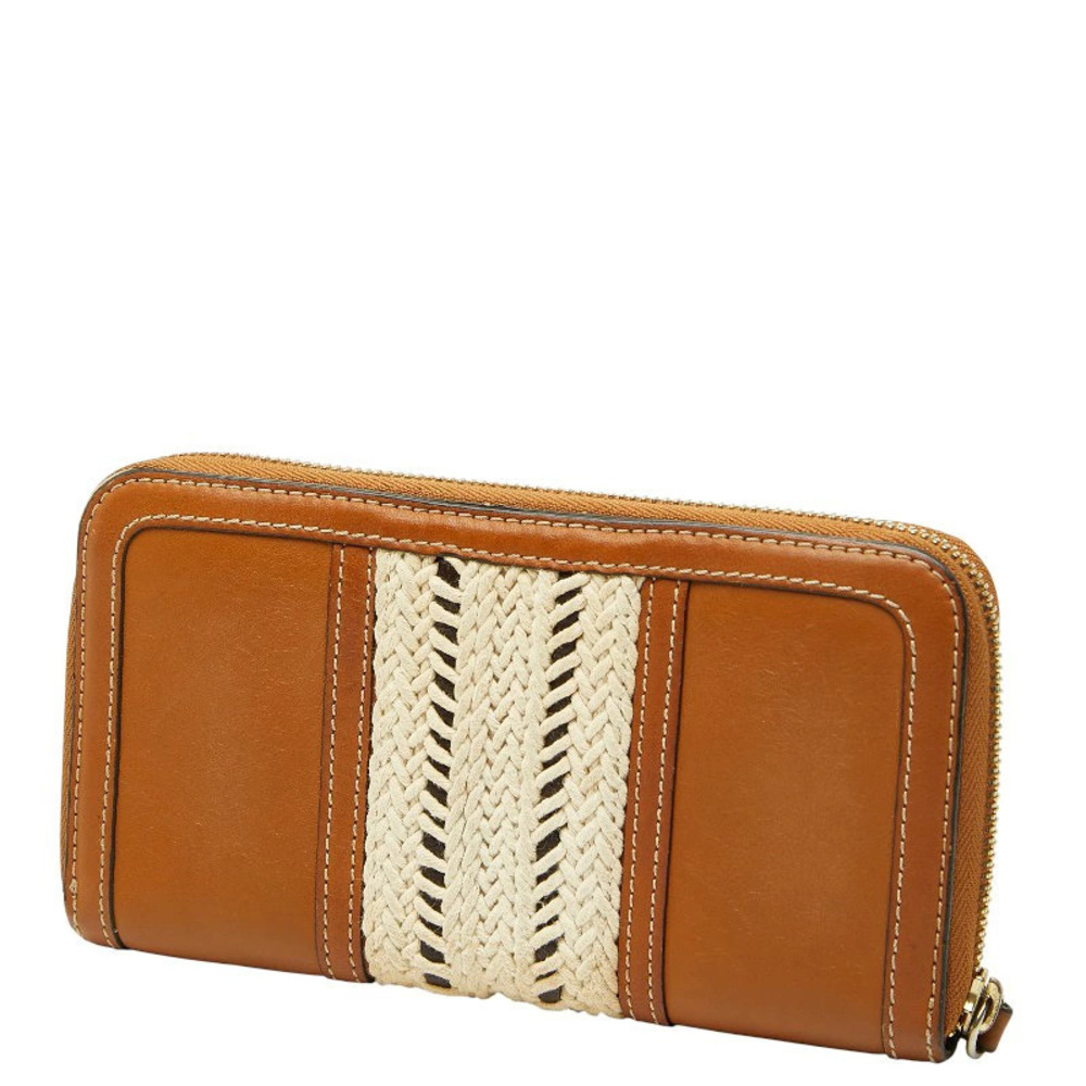 Burberry Ivory Brown Zip White Round Wallet Leather Long White Brown